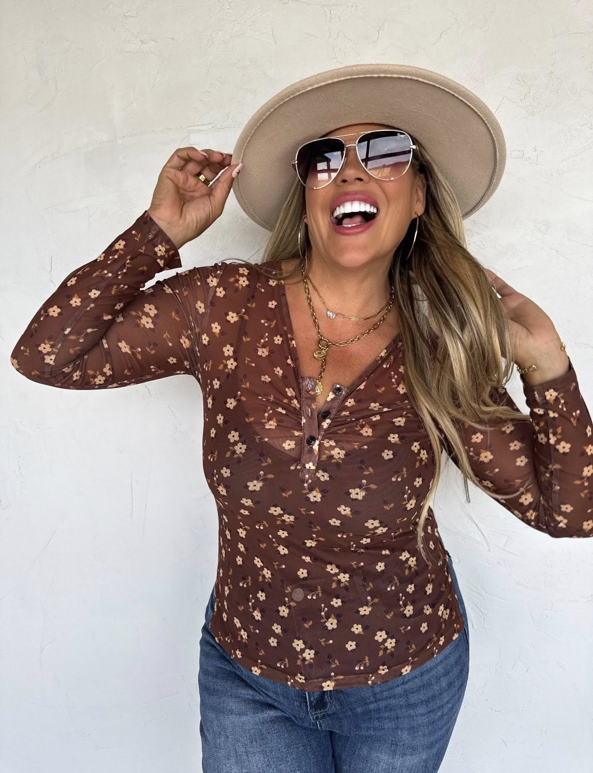 Brown Button Down Mesh Top