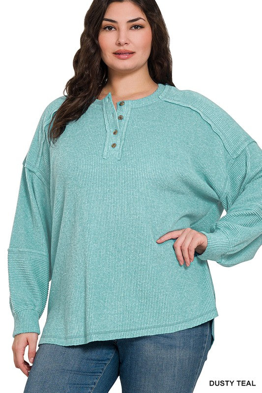 Plus Size Brushed Hacci Melange Henley Sweater