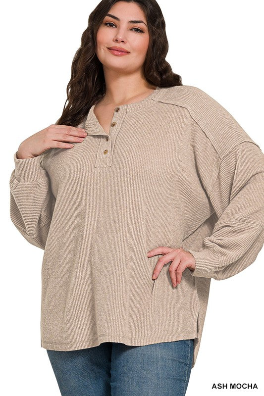 Plus Size Brushed Hacci Melange Henley Sweater