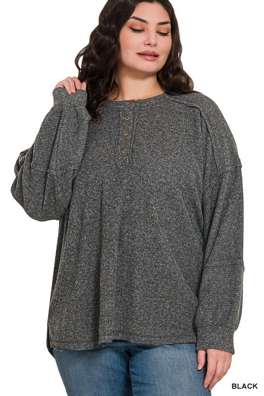 Plus Size Brushed Hacci Melange Henley