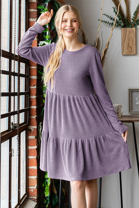 Long Sleeve Solid Urban Ribbed Tier Dress