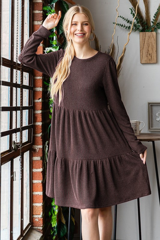 Plus Size Long Sleeve Solid Urban Ribbed Tiered Dress