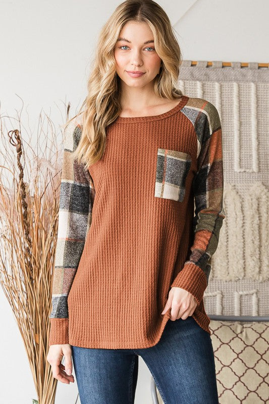 Plus Size Solid Waffle and Plaid Top