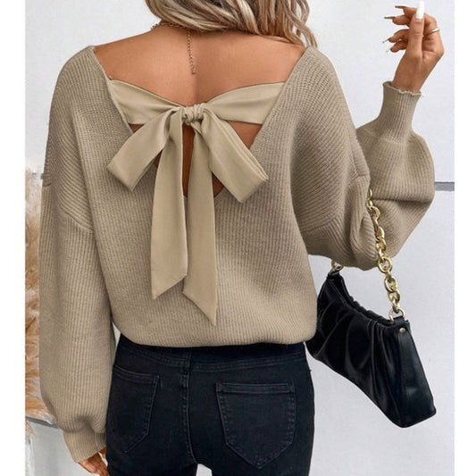 Back Bow V-Neck Sweater