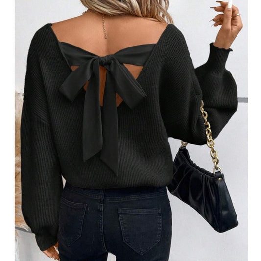 Back Bow V-Neck Sweater