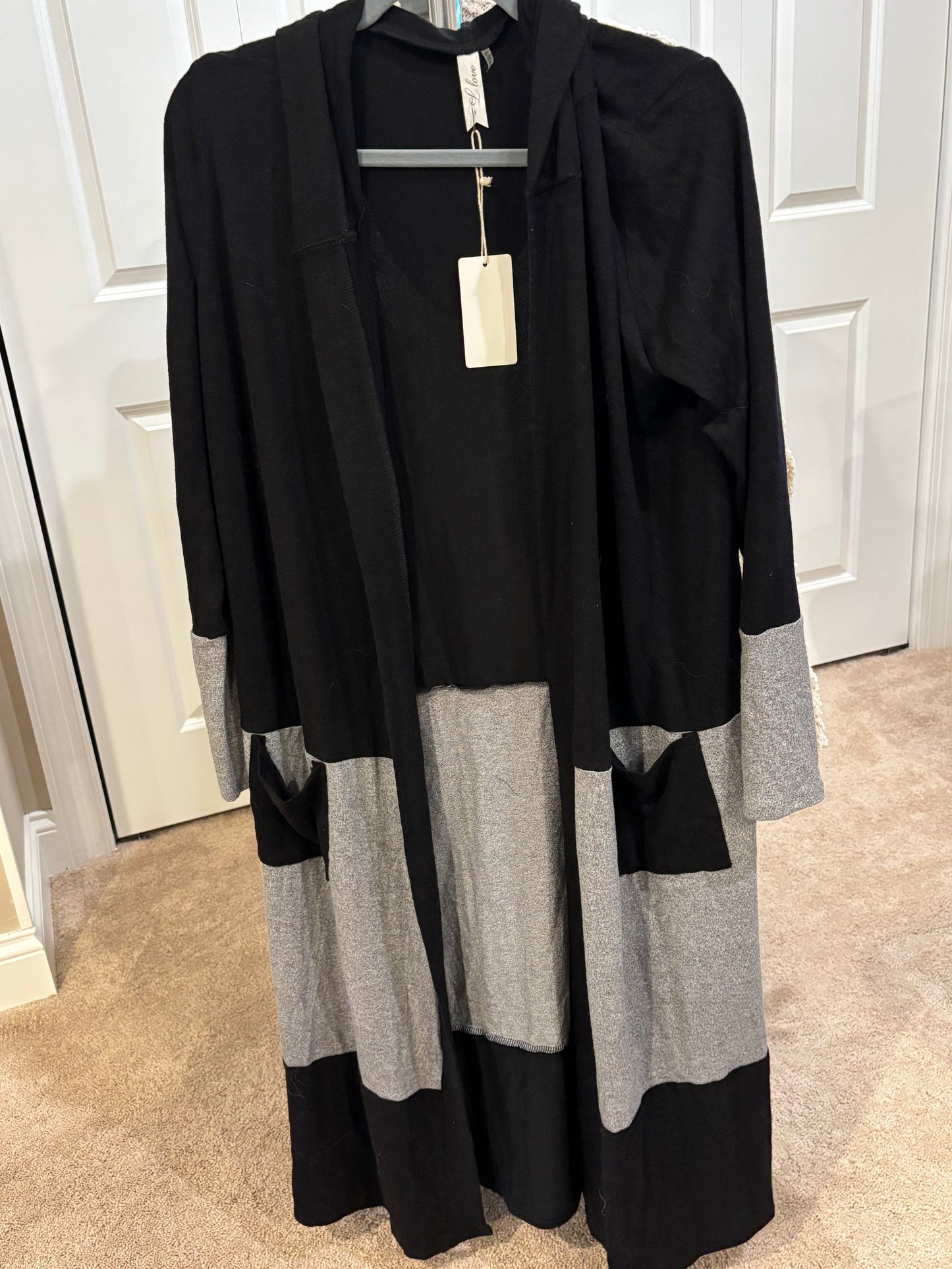 Black and Gray Long Cardigan with Hood