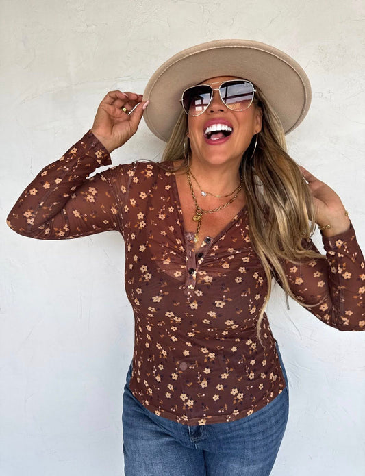 Brown Button Down Mesh Top