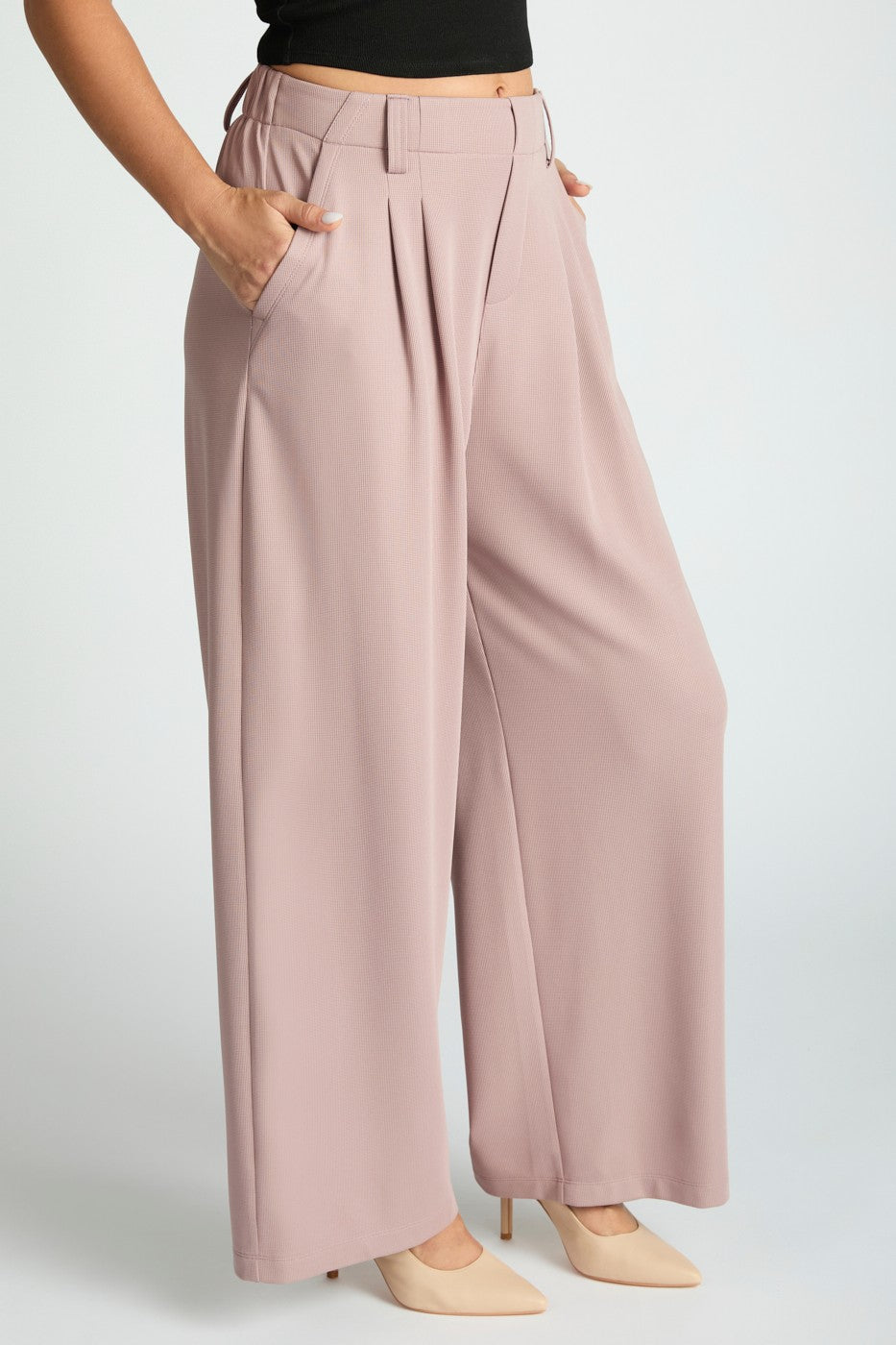 Wide Leg Micro Waffle Textured Pleated Pants