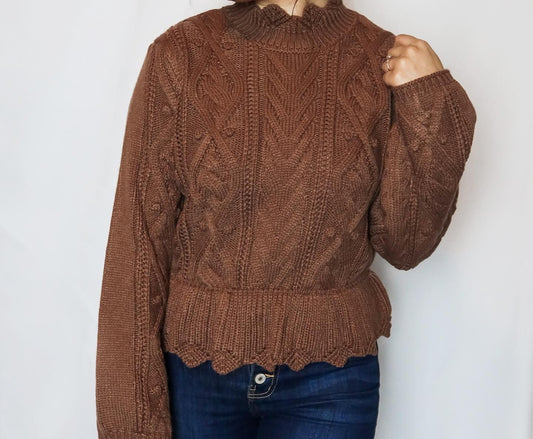 Brown Scalloped Ruffle Hemmed Sweater