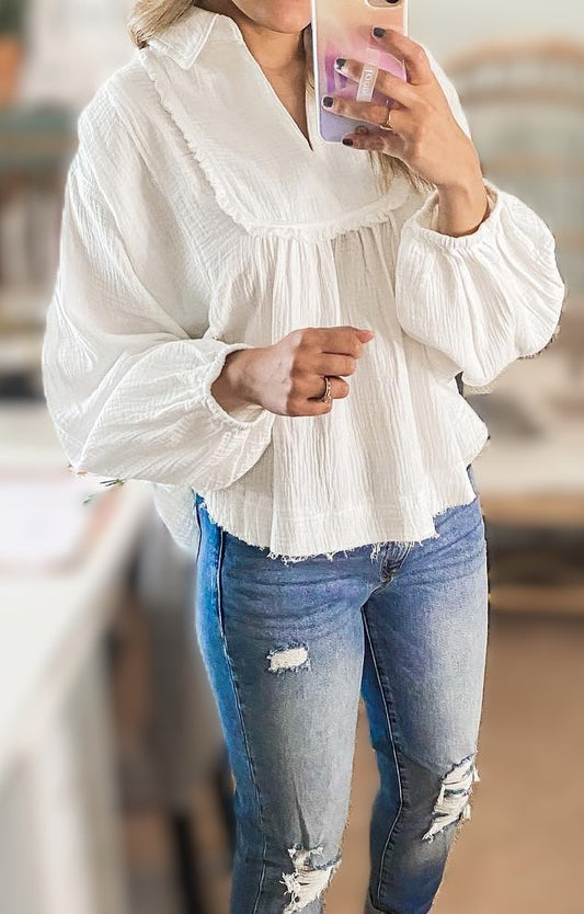 White Gauze Raw Hem Shirt
